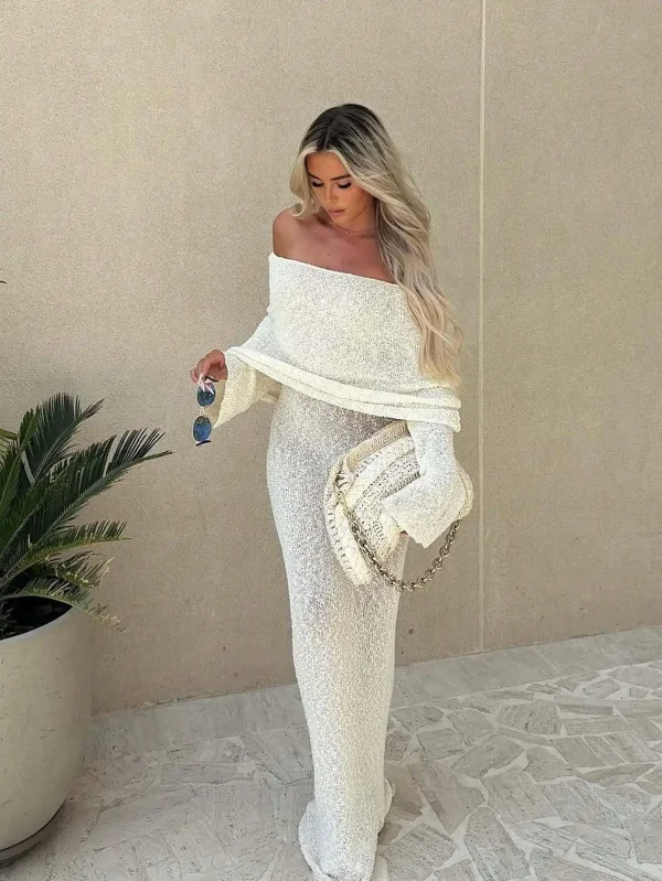 Vintage Summer Casual Beach Holiday Dresses Sexy Strapless Crocheted Floor-Length Breathable Woven Solid Pattern for Spring - Image 6