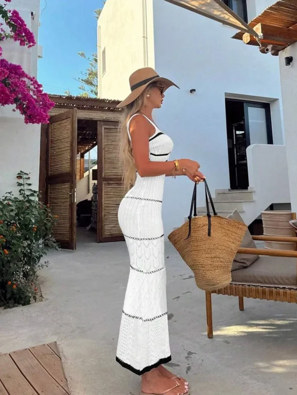 New Women's Summer Color Clashing Bohemian Slip Dress Hollow Out Knit Wrap Dress - Image 4