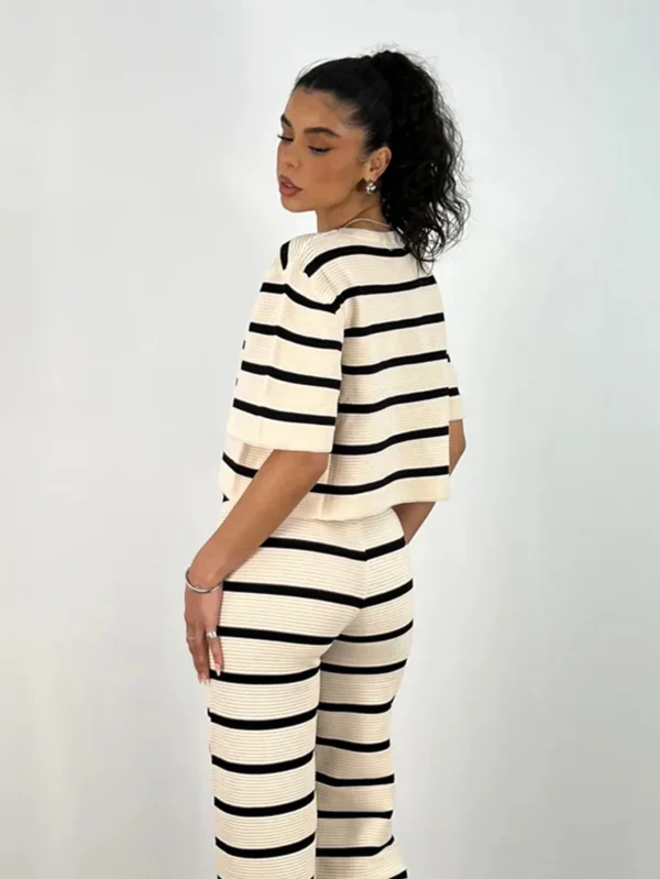 Women's 2025 Spring/Summer New Release Set Striped Embellished Short Sleeve Sweater Top Fitted Slimming Pants Casual Comfortable - Image 4