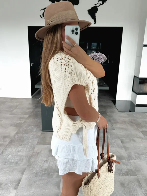 Women's Summer Chic Vintage Sweater O Neck  with New Hollow Tether Casual Woven Knit Tops with Decoration - Image 3