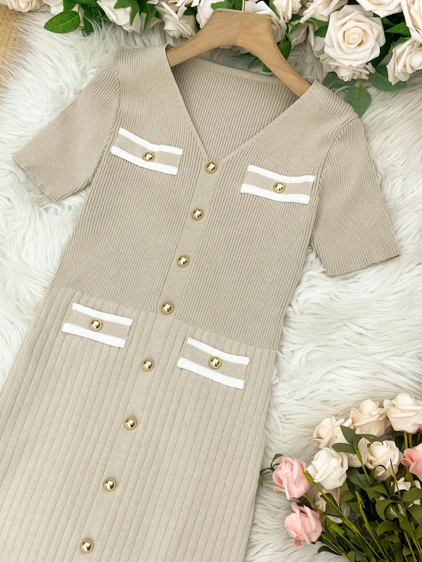Elegant Ladies' V-Neck Knitted Dress Summer Autumn Short Sleeve Casual Slim Women's Dress Button Decoration Simple Natural - Image 4