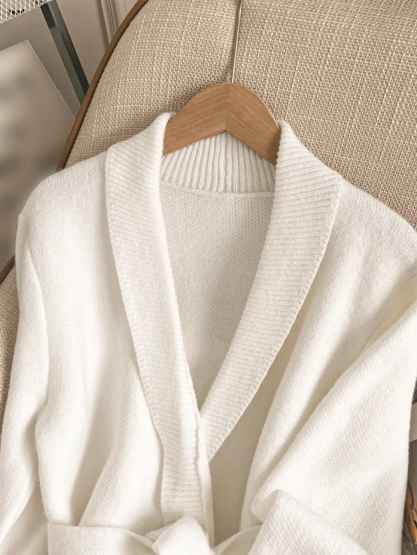 Autumn/Winter women's elegant cardigan: deep V-neck, solid color, white collar/cuffs, stripe hem, tie belt. Urban casual style - Image 5