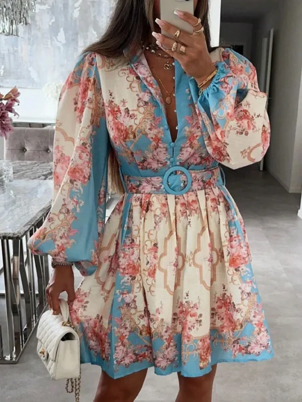 Spring and Summer High Quality Women's Retroelegant Lace-up Slim Mid-length Dress Half-collar Lantern Sleeve Bohemian Ethnic - Image 3