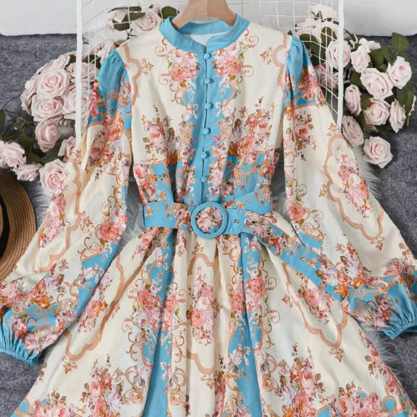 Spring and Summer High Quality Women's Retroelegant Lace-up Slim Mid-length Dress Half-collar Lantern Sleeve Bohemian Ethnic