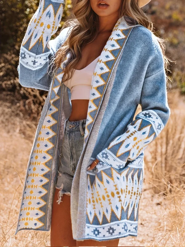 Women's Retro Pattern Long Sleeve Knitted Cardigan Sweater Coat Casual Pocket Design - Image 3