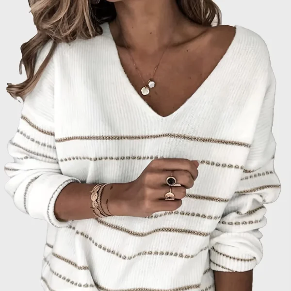 Women's Casual Everyday V-Neck Striped Knit Pullover Sweater Breathable Print Design for Autumn and Winter Use Front