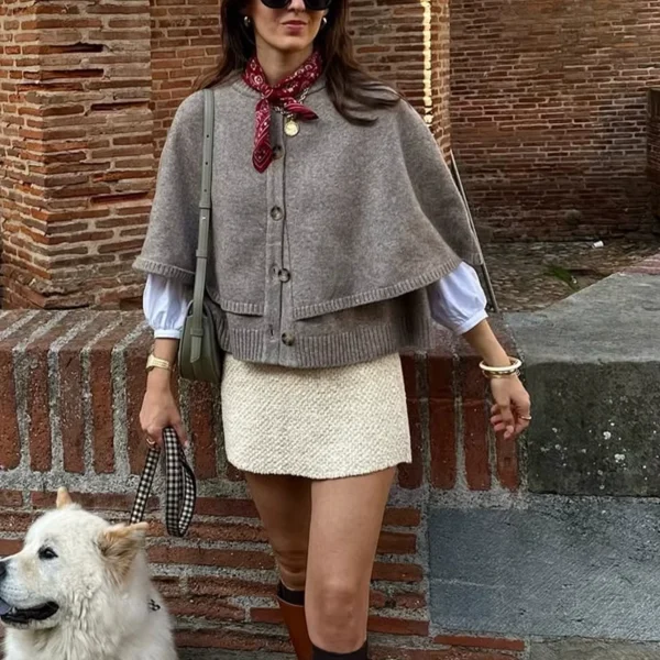 Luxury Women's Long Sleeve Crew Neck Knit Sweater Fashion-Designed Autumn Blank for Ladies WithOpen Mock Two-Layer Cape Cardigan