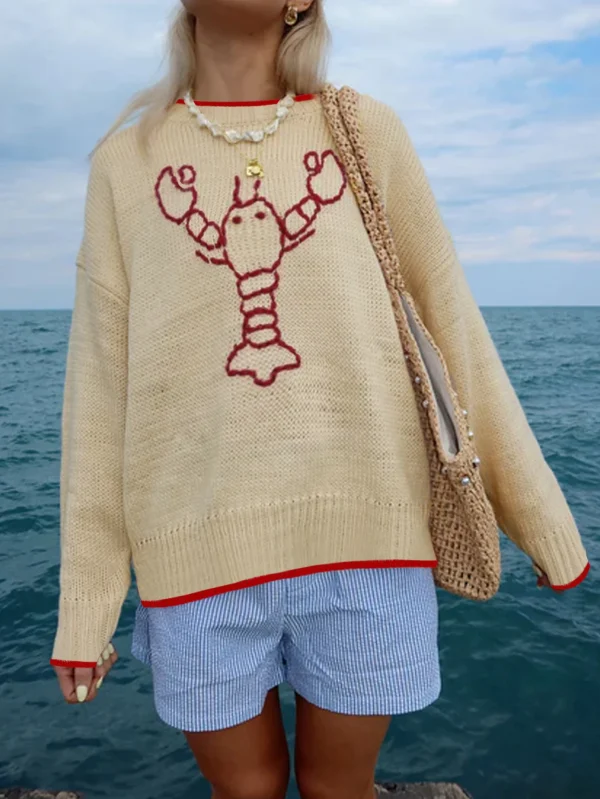 Summer Fashion Casual Vacation Beach Ladies Lobsterembroidery Color Clashing Design Long Sleeve Sweater Brunch Outfits for Women - Image 4