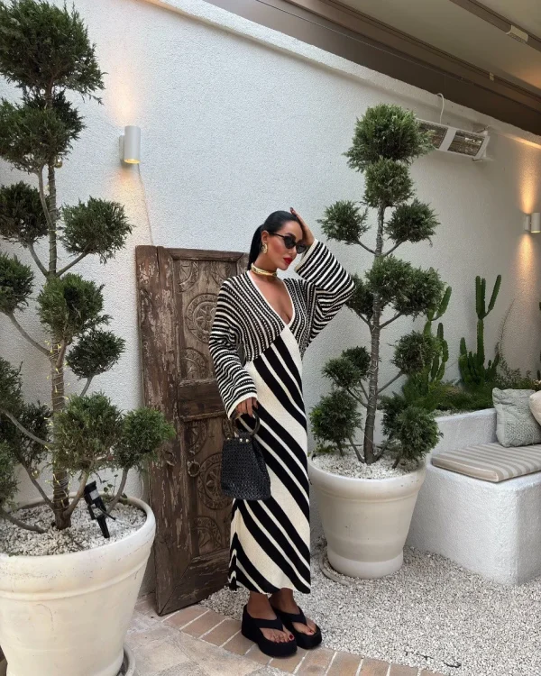 Women's Fashion Autumn/Winter Trendy Versatile Striped Color-Block Knit Long-Sleeve Casual Sweater Dress - Image 3