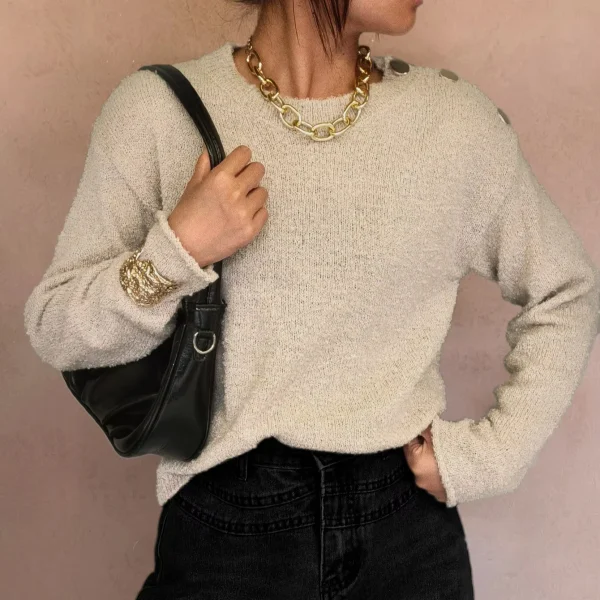 Fall and Winter Fashion Casual Vacation Women's Special Design Metal Button Long Sleeve Sweater