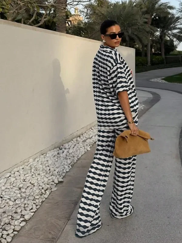 ARDOR S Women's Blue White Wave Stripe Sweater Set V-Neck Top + Slim Pants, Spring/Summer 2025 Casual Outfit - Image 3