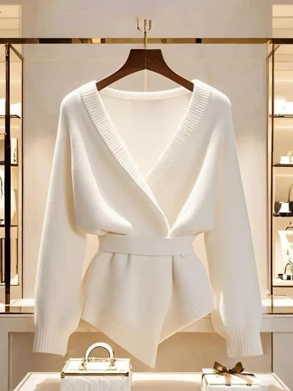 Autumn/Winter women's elegant cardigan: deep V-neck, solid color, white collar/cuffs, stripe hem, tie belt. Urban casual style - Image 6