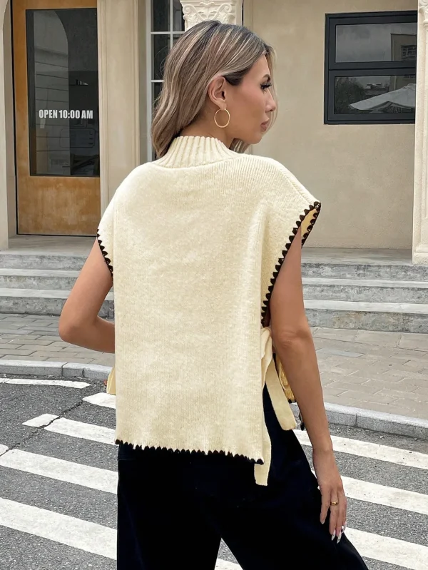 New Women's Patchwork Knit Vest Sleeveless High Neck Vest - Image 3