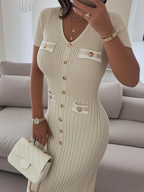 Elegant Ladies' V-Neck Knitted Dress Summer Autumn Short Sleeve Casual Slim Women's Dress Button Decoration Simple Natural - Image 2