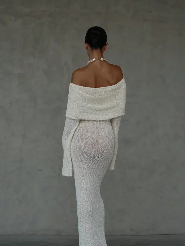 Vintage Summer Casual Beach Holiday Dresses Sexy Strapless Crocheted Floor-Length Breathable Woven Solid Pattern for Spring - Image 2