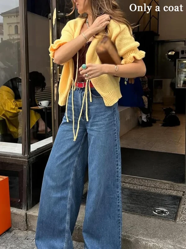 Women's Casual Fashion Commuter Daily Early Spring Goose Yellow Petal Ruffle Half Sleeve Tie Loose Short Sweater Cardigan - Image 4