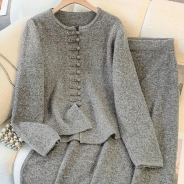Elegant Autumn Knit Set: Single-breasted Round Neck Long Sleeve Top Solid Color Slim Skirt. 128 Chars