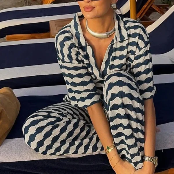 Women's Blue White Wave Stripe Knit Sweater Set- V-Neck Top with Slim Pants, Casual Spring Summer Outfit 2025