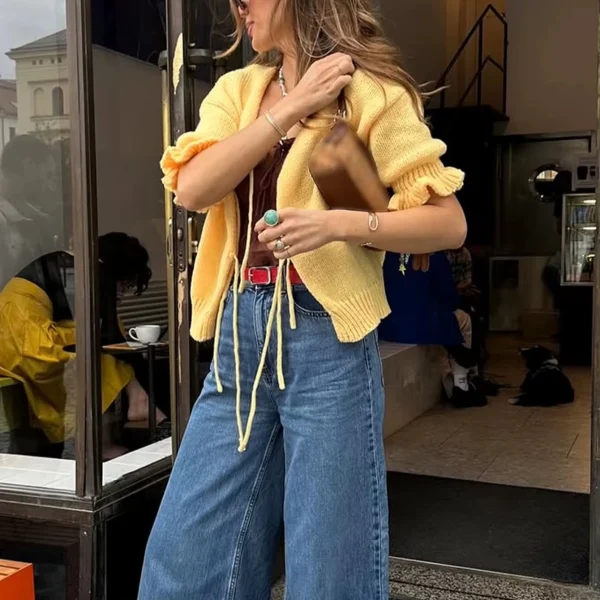 Women's Casual Fashion Commuter Daily Early Spring Goose Yellow Petal Ruffle Half Sleeve Tie Loose Short Sweater Cardigan