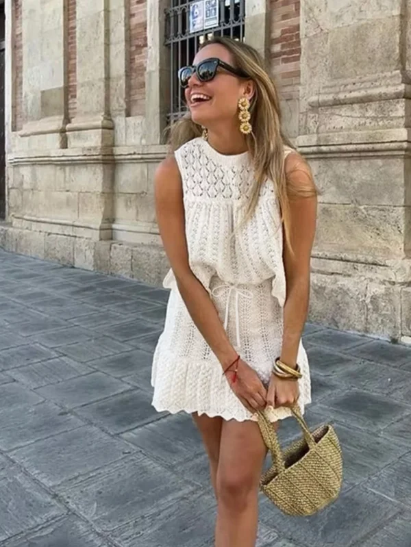 Women's Vacay Outfits Spring/summer Elegant. Seaside Beach Leisure. White Sheer Sleeveless Knit Top + Tie Skirt 2-piece Cover-up - Image 2
