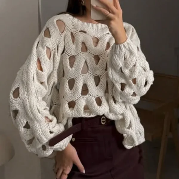 Women's Casual Sonic Knitted Sweater with Autumn Bell Sleeve Semi-Sheer Hollow-Out Design for Fall