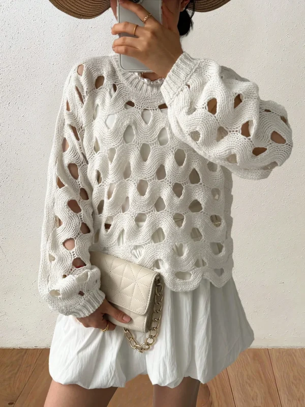 Women's Casual Sonic Knitted Sweater with Autumn Bell Sleeve Semi-Sheer Hollow-Out Design for Fall - Image 3