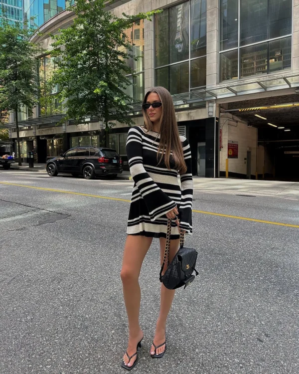 Women's Fashion Black and White Stripe Backless Long Sleeve Skirts - Image 6