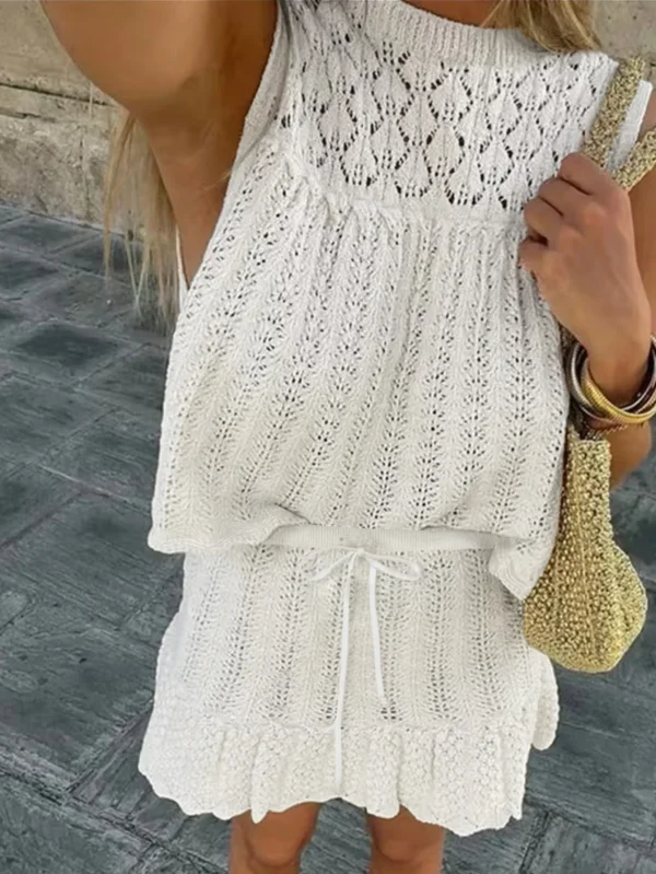 Women's Vacay Outfits Spring/summer Elegant. Seaside Beach Leisure. White Sheer Sleeveless Knit Top + Tie Skirt 2-piece Cover-up - Image 3