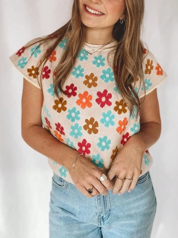 Women's oversized fashionable flower patterned short sleeved sweater - Image 3