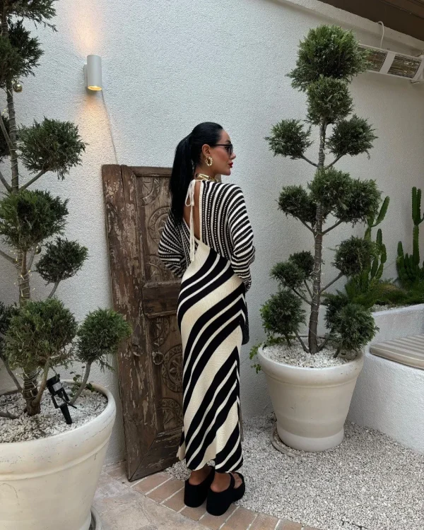 Women's Fashion Autumn/Winter Trendy Versatile Striped Color-Block Knit Long-Sleeve Casual Sweater Dress - Image 5