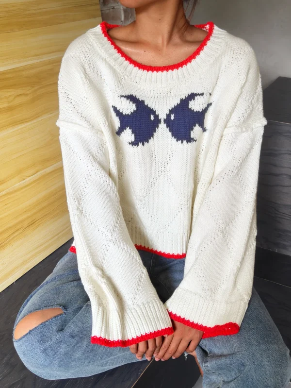 Sping Autumn and Winter Women's Fashion Casual Vacation Cute Simple Fish Pater Color Coision Design Long Sleeve  Sweater Women - Image 4