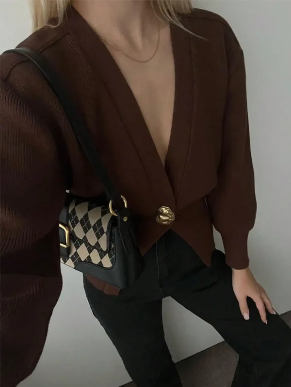 Women's Fashion Casual Trendy Versatile Solid Knit Metal Button Long Sleeve Everyday Cardigan - Image 2