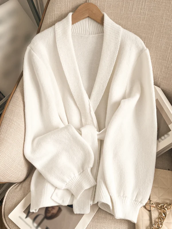 Autumn/Winter women's elegant cardigan: deep V-neck, solid color, white collar/cuffs, stripe hem, tie belt. Urban casual style - Image 2