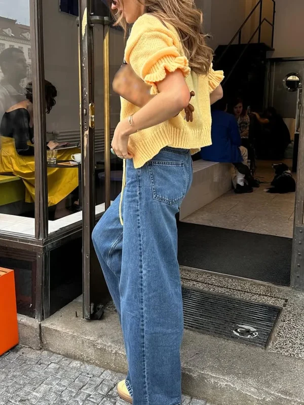 Women's Casual Fashion Commuter Daily Early Spring Goose Yellow Petal Ruffle Half Sleeve Tie Loose Short Sweater Cardigan - Image 5