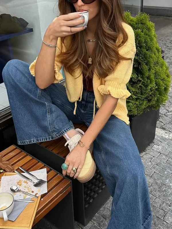 Women's Casual Fashion Commuter Daily Early Spring Goose Yellow Petal Ruffle Half Sleeve Tie Loose Short Sweater Cardigan - Image 2