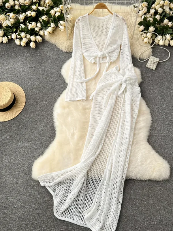 Women's Casual Summer Half Skirt Suit Long-Sleeved Knitted Two-Piece Top Short Hollow-Out Dress for Beach Cross-Border Europe - Image 6