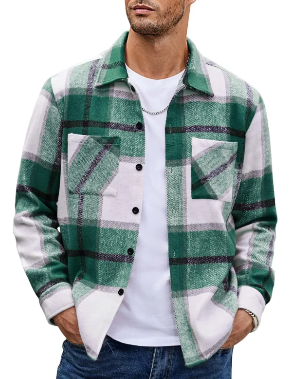 Men's Flannel Shirt Casual Button Checkered Shirt Jacket Long Sleeved Wool Jacket With Pockets Outerwear Suitable