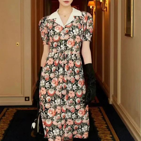 Vintage Floral Wrap Midi Dress Puff Sleeve Cottagecore Dress Elegant French Style with Lapel Collar Dress