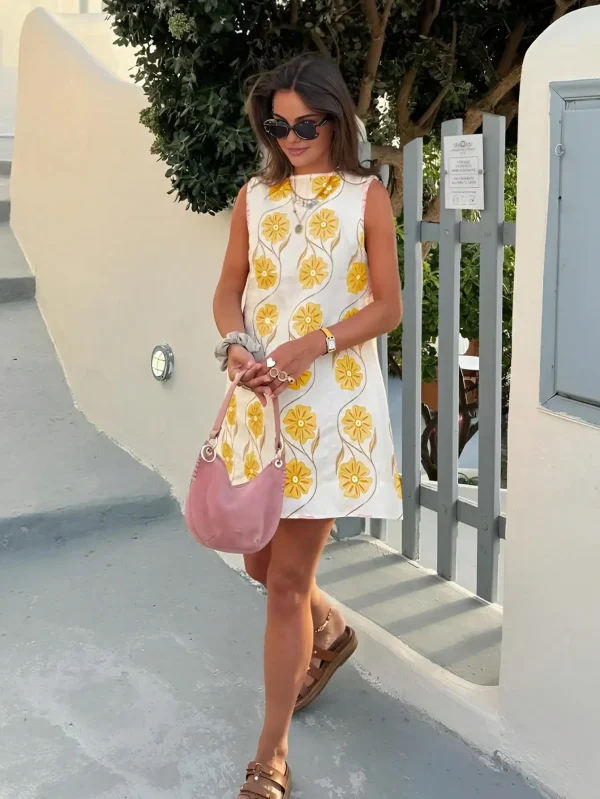 Women's Summer Fashion Mini Casual Vacation Fairytale Dress Floral Printed Pattern Round Neck Sleeveless Straight Dresses - Image 4