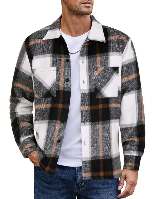 Men's Flannel Shirt Casual Button Checkered Shirt Jacket Long Sleeved Wool Jacket With Pockets Outerwear Suitable - Image 3