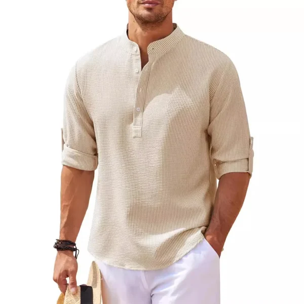 100% Cotton Men's Long Sleeve Shirt Stand Collar Half Button Plaid Shirt Men's Casual - Image 3