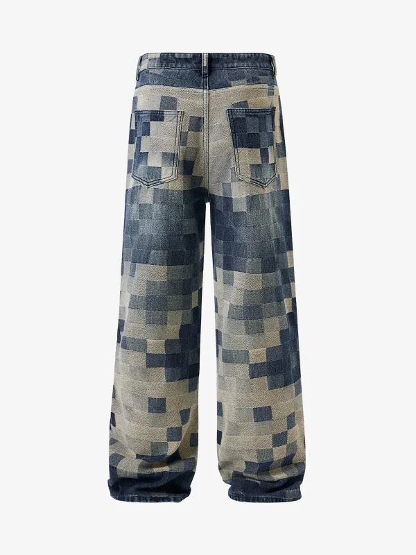 Man's Casual Checkerboard Jacquard Wide Leg Jeans - Image 2