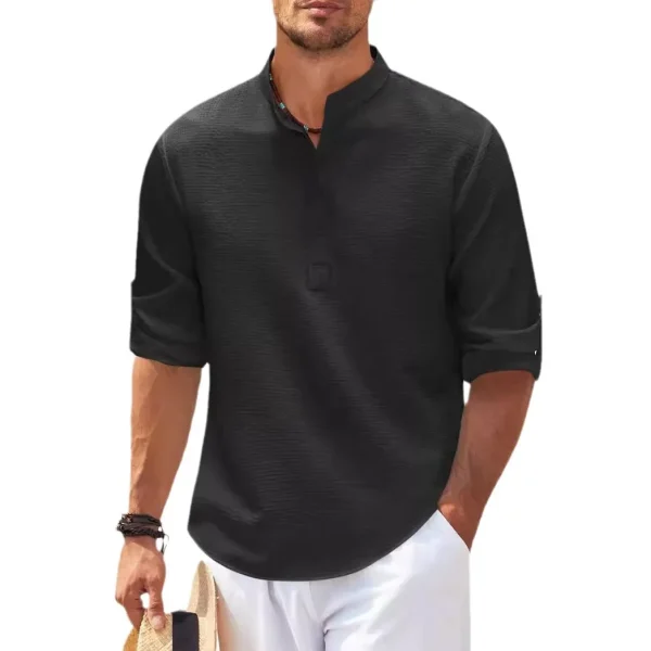 100% Cotton Men's Long Sleeve Shirt Stand Collar Half Button Plaid Shirt Men's Casual - Image 5