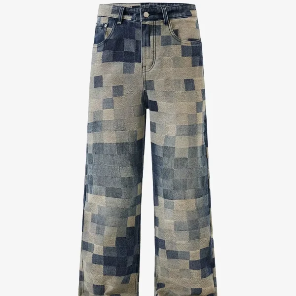 Man's Casual Checkerboard Jacquard Wide Leg Jeans