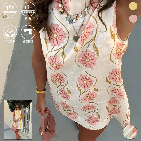 Women's Summer Fashion Mini Casual Vacation Fairytale Dress Floral Printed Pattern Round Neck Sleeveless Straight Dresses