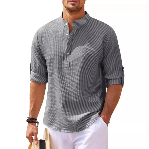 100% Cotton Men's Long Sleeve Shirt Stand Collar Half Button Plaid Shirt Men's Casual