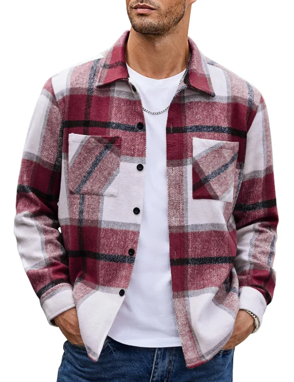 Men's Flannel Shirt Casual Button Checkered Shirt Jacket Long Sleeved Wool Jacket With Pockets Outerwear Suitable - Image 2