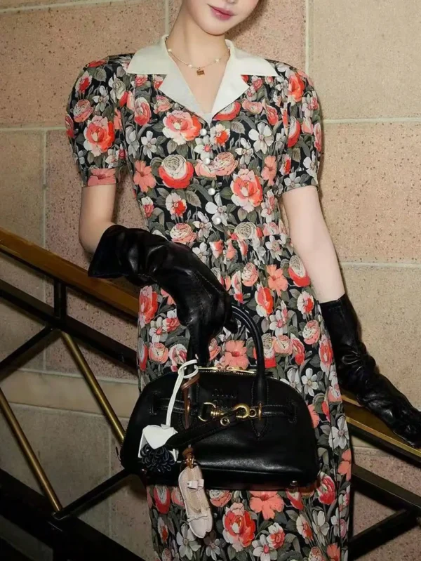 Vintage Floral Wrap Midi Dress Puff Sleeve Cottagecore Dress Elegant French Style with Lapel Collar Dress - Image 4