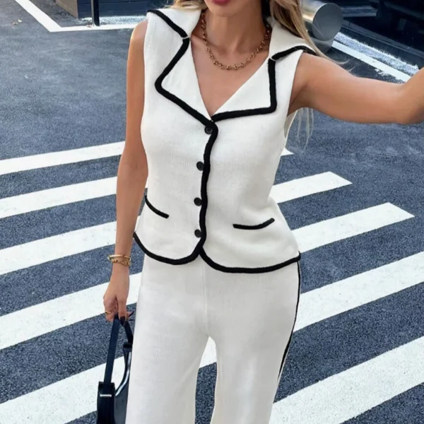 New Fashion Women's Colorblocking Lapel Knit Vest Top and Knit Pants Two Piece Set