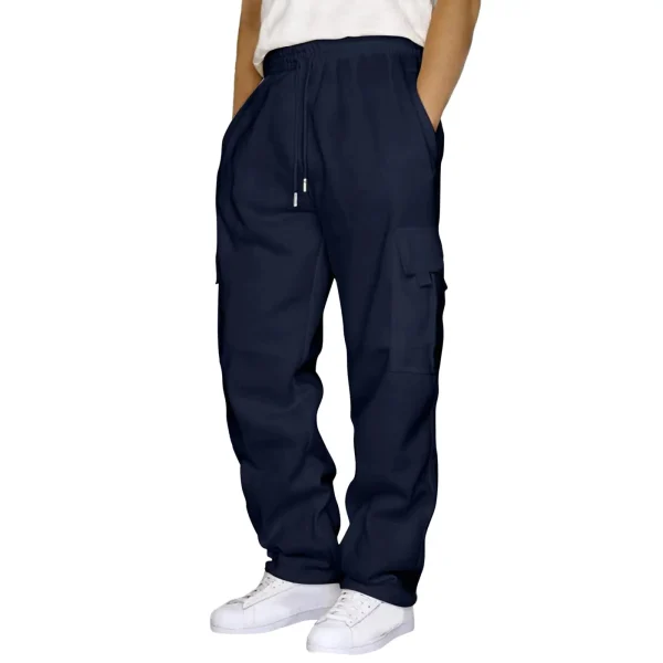 Tie Band Running Pants Lace up Loose Waist Wide Foot Solid Color Pocket Loose Wool Sweatpants Men's Clothing Jeans - Image 2